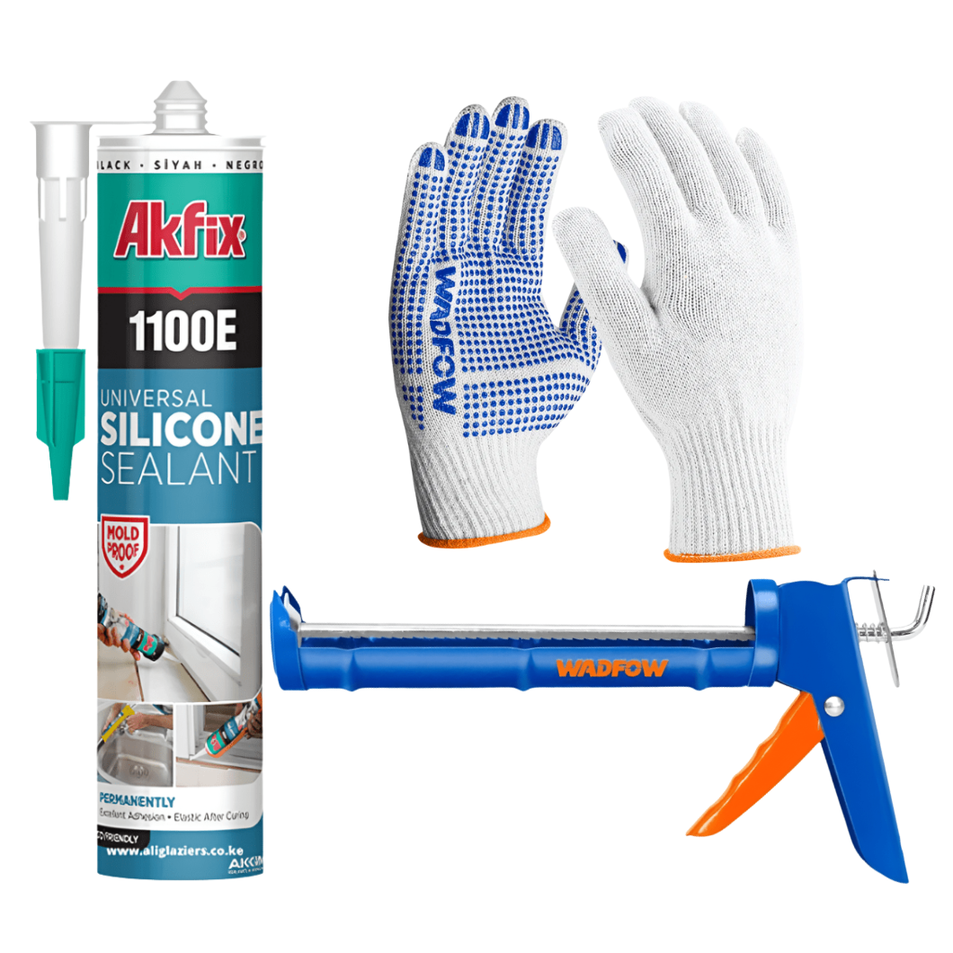 Perfect Seal Pack - Wadfow Knitted & PVC Dots Gloves + Wadfow 9'' Caulking Gun + Akfix Silicone 280g Sealant