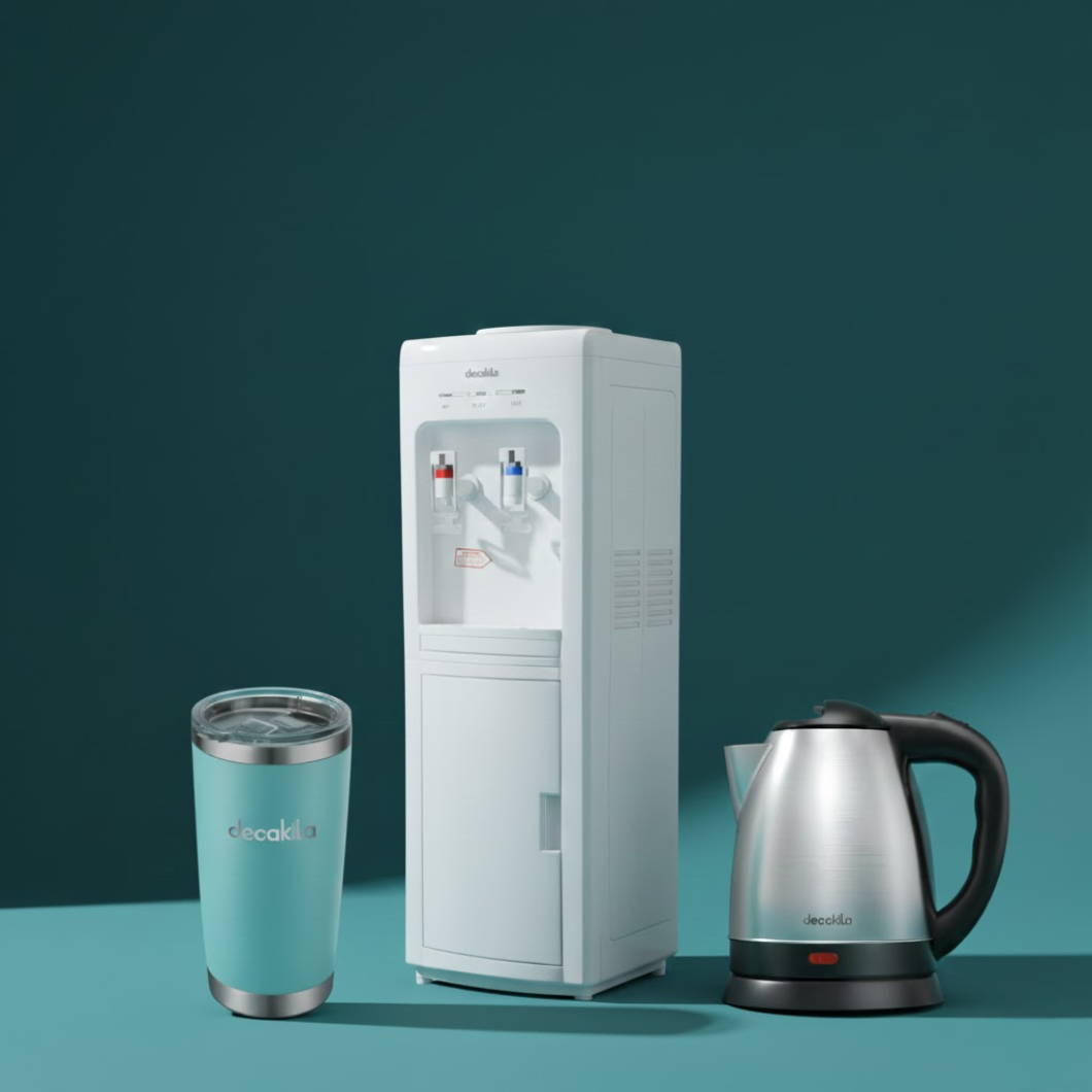 AquaFresh Hydration Kit - Decakila Water Dispenser, Stainless Steel Mug Tumbler 566ml And Decakila 1.8L Stainless Steel Electric Kettle 1500W