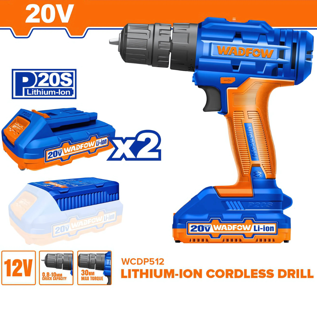 Wadfow Lithium-Ion Cordless Drill 20V With Two 1.5Ah Batteries  - WCDP512