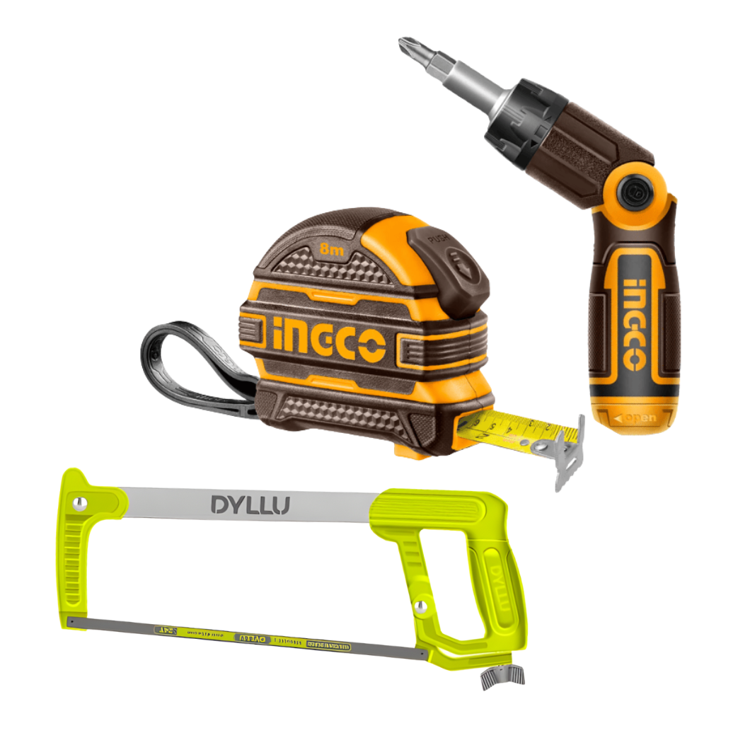 Rapid Repair & Assembly Kit - Ingco Steel Measuring Tape 8m x 25mm +Dyllu 12" Hacksaw Frame + Ingco 13 Piece Ratchet Screwdriver