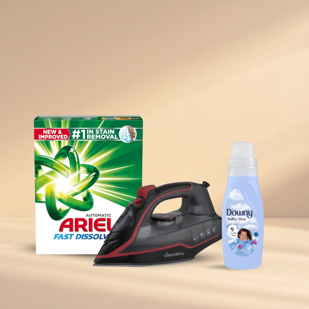 LaundryCare Kit - Decakila 2400W Steam Iron + Ariel Automatic Original Scent Laundry Powder Detergent 2.5 Kg + Downy Valley Dew 9 Washes Fabric Conditioner 1L