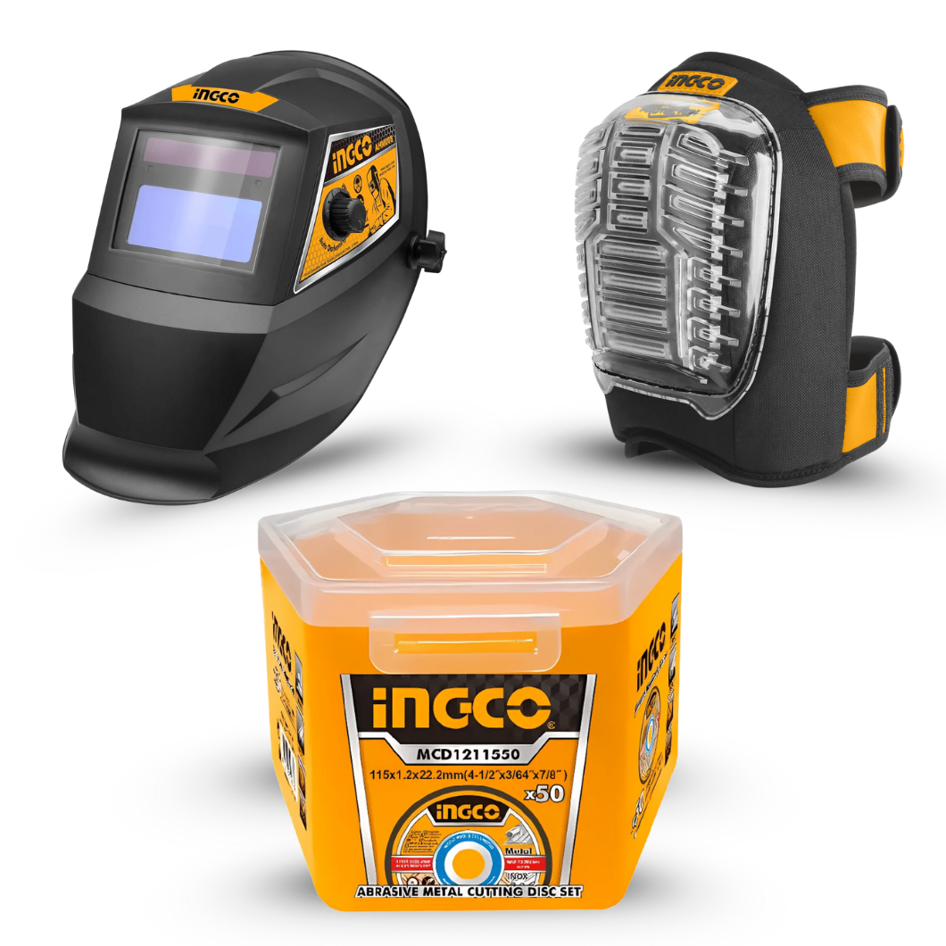 Welding Safety & Finishing Kit - Ingco Auto Darkening Welding Helmet with UV/IR Protection (AHM008), 50-Piece Abrasive INOX Metal Cutting Disc Set (115mm x 1.2mm), Safety Kneepads with Impact-Resistant Shell (HKPT0101)