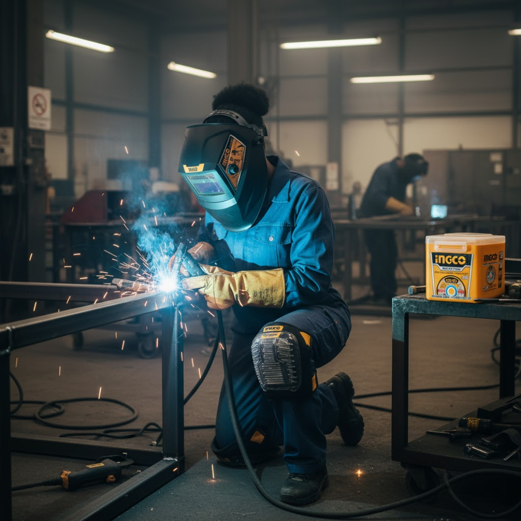 Welding Safety & Finishing Kit - Ingco Auto Darkening Welding Helmet with UV/IR Protection (AHM008), 50-Piece Abrasive INOX Metal Cutting Disc Set (115mm x 1.2mm), Safety Kneepads with Impact-Resistant Shell (HKPT0101)