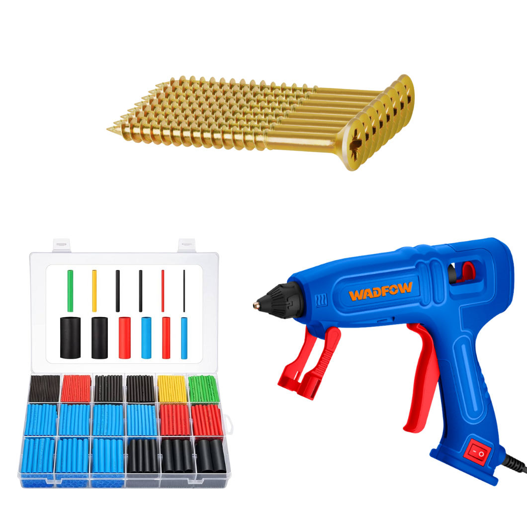 Fastening & Bonding Pack - Wadfow 240 Pieces 6x70mm Chipboard Screws, 45W Glue Gun & 120 Pieces Heat Shrink Tubing Assortment