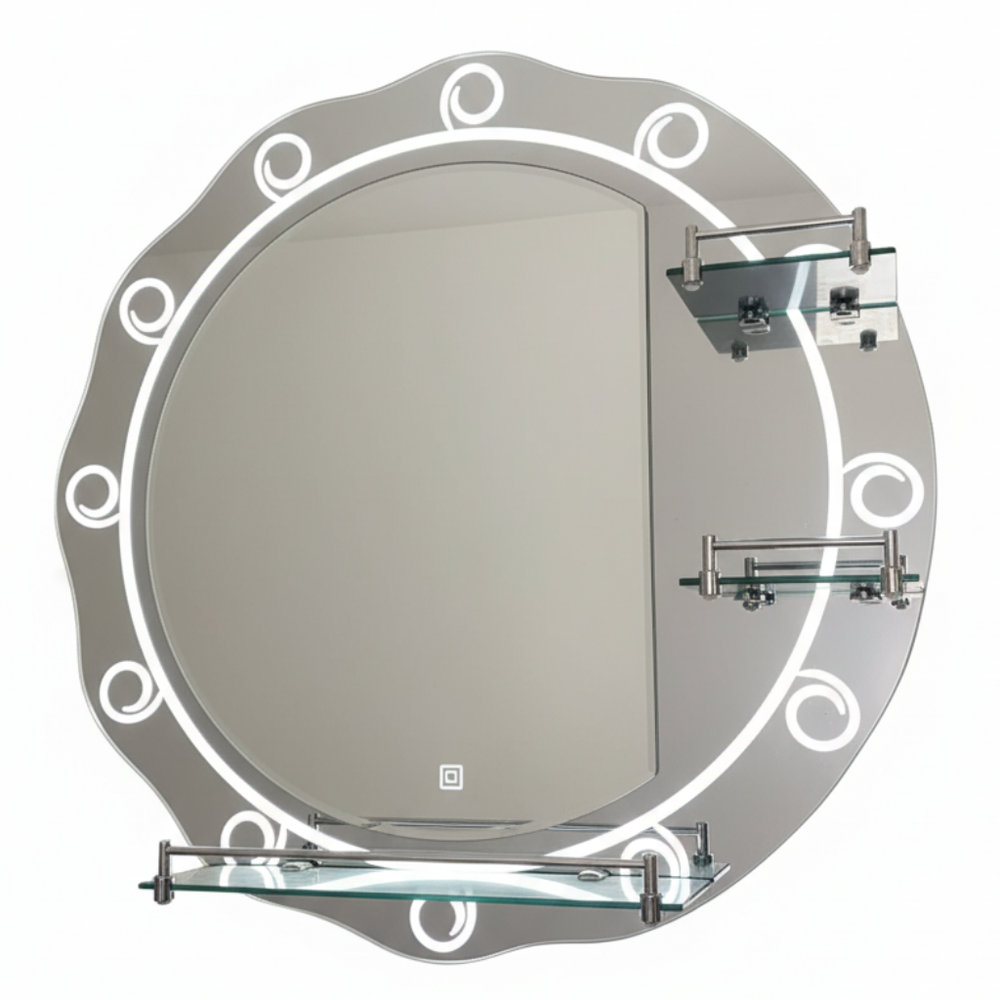 Heavy Round Bathroom Mirror with Triple Shelf 60cm x 60cm