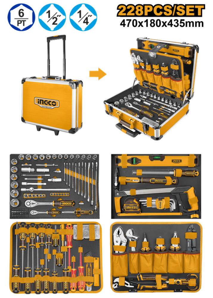 Ingco 228-Piece Hand Tool Set with Heavy-Duty Wheeled Aluminium Trolley Case - HKTHP52288