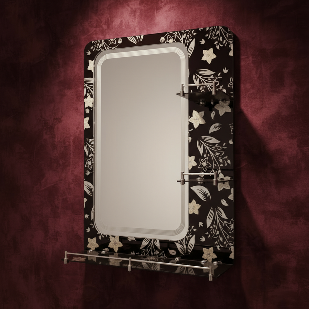 Dark Flower Bathroom Mirror with Triple Glass Shelf 50x70cm