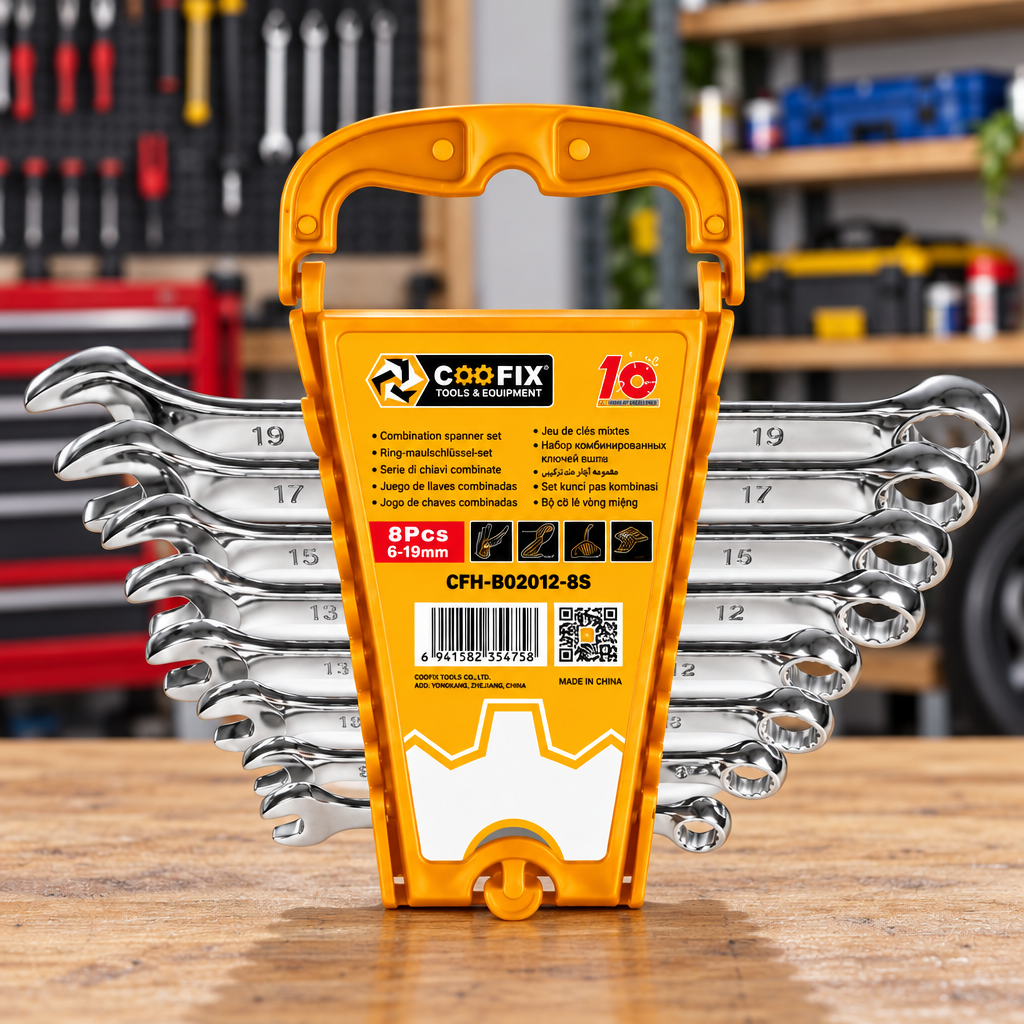 8-piece Coofix spanner set on a workbench