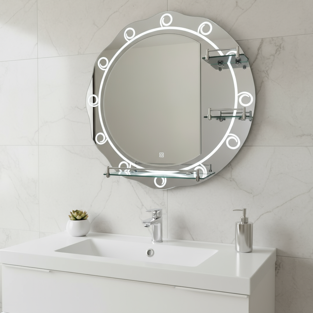 Heavy Round Bathroom Mirror with Triple Shelf 60cm x 60cm