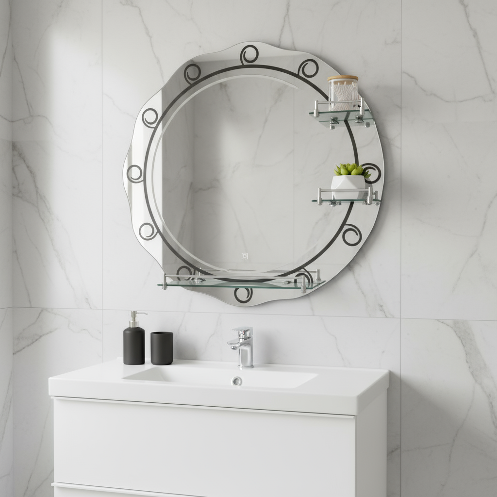 Heavy Round Bathroom Mirror with Triple Shelf 60cm x 60cm