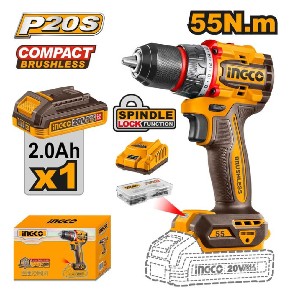 Ingco Lithium-Ion Compact Brushless Cordless Drill 20V With Battery And Charger - CDLI205582