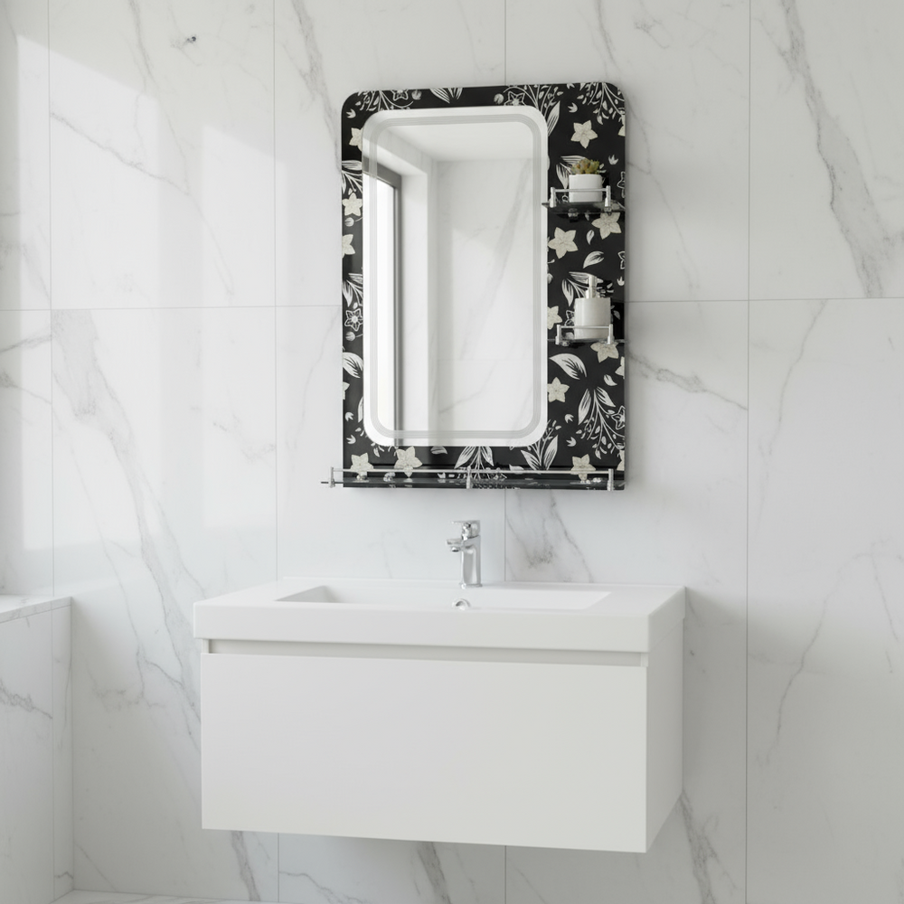 Dark Flower Bathroom Mirror with Triple Glass Shelf 50x70cm