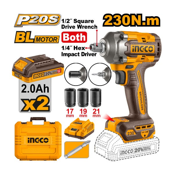 Ingco 20V Brushless Cordless Impact Driver & Wrench Kit with 230Nm Torque, 2 × 2.0Ah Batteries & Charger - CIWLI20236