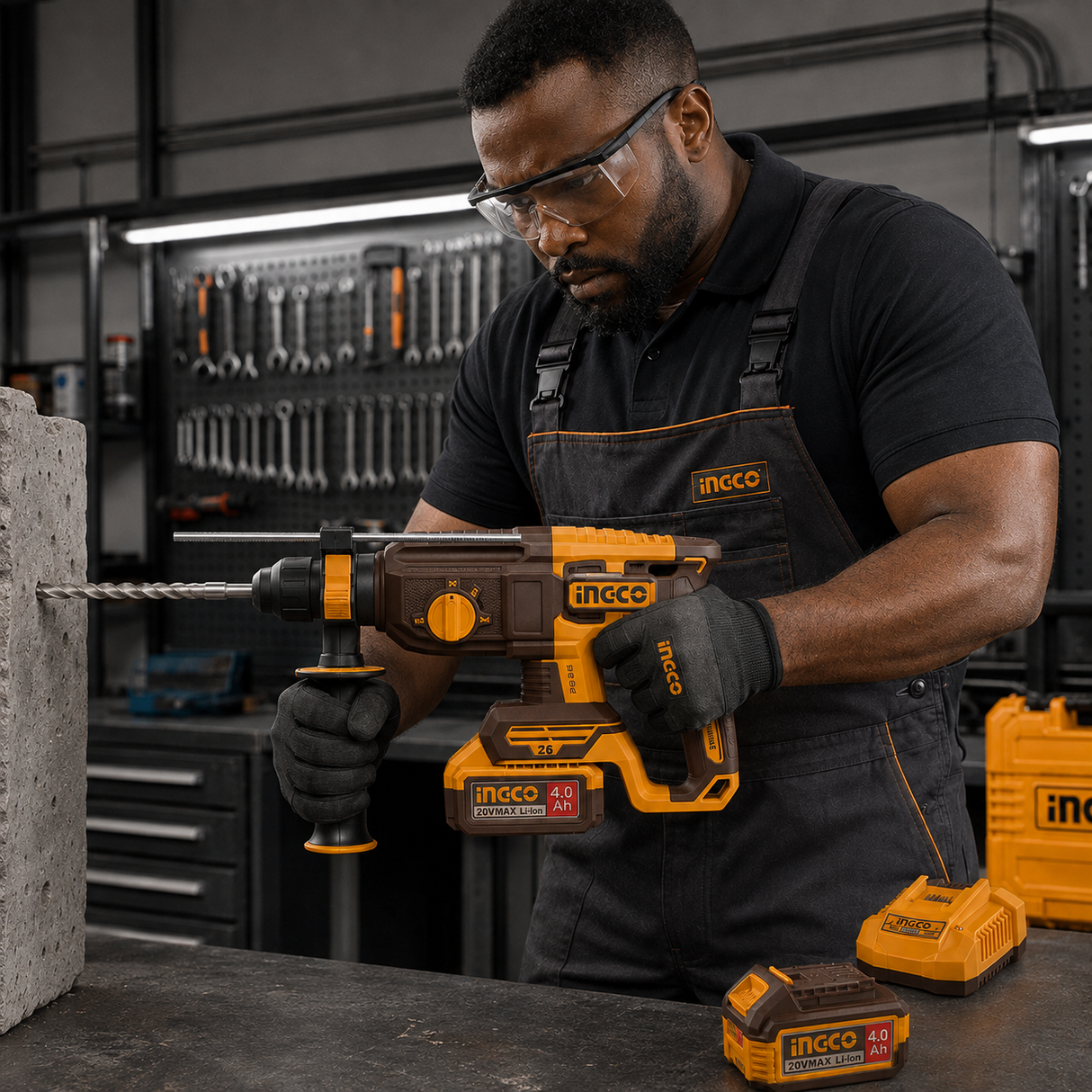 Ingco 20V Lithium-Ion Cordless Brushless Rotary Hammer With 2 x 4.0Ah Batteries & Charger - CRHLI262085
