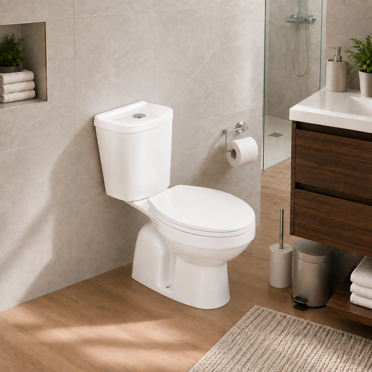Wahkit Ceramic Standard Two-Piece Water Closet with Round Bowl, Curved-Top Tank & Floor Outlet 635mm - 2004S