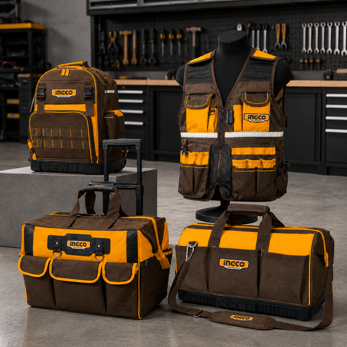 Ingco 4-Piece Professional Tool Bag Set with Tool Vest & Backpack - COS230914