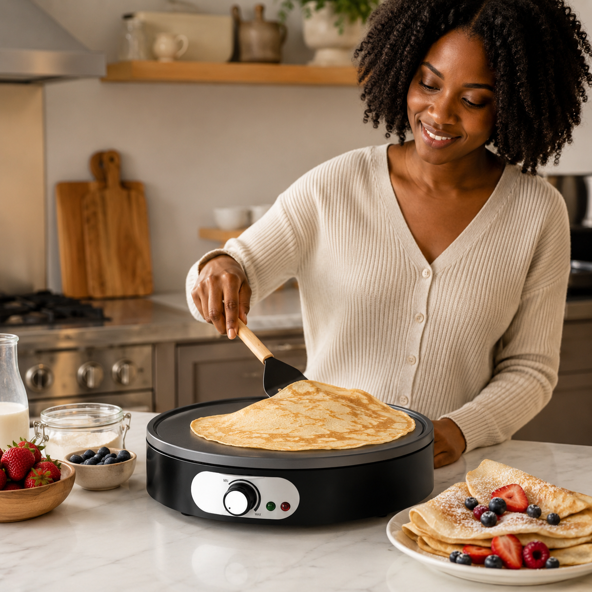 Kumtel 30cm Non-Stick Crepe Pancake Maker with Adjustable Temperature 1000W - HPM-02