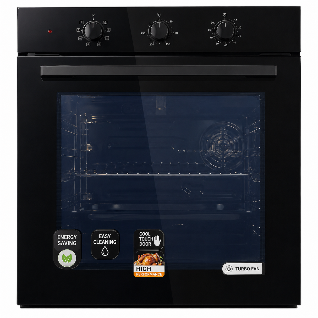 Luxell 60cm 88L Black Glass Built-In Manual Oven with Convection & Turbo Fan - A68-SF3