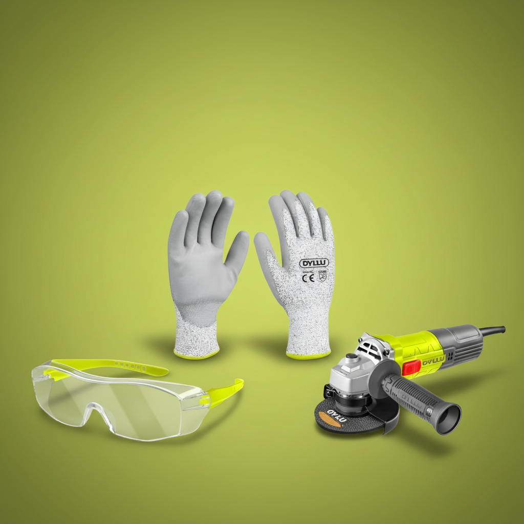 Dyllu Site-Standard Grinding Gear - Dyllu XL Cut Resistance Gloves - DTPG1805, Dyllu 710W Angle Grinder - DTAG15711, Dyllu Flank Protection Safety Goggles - DTSG1803