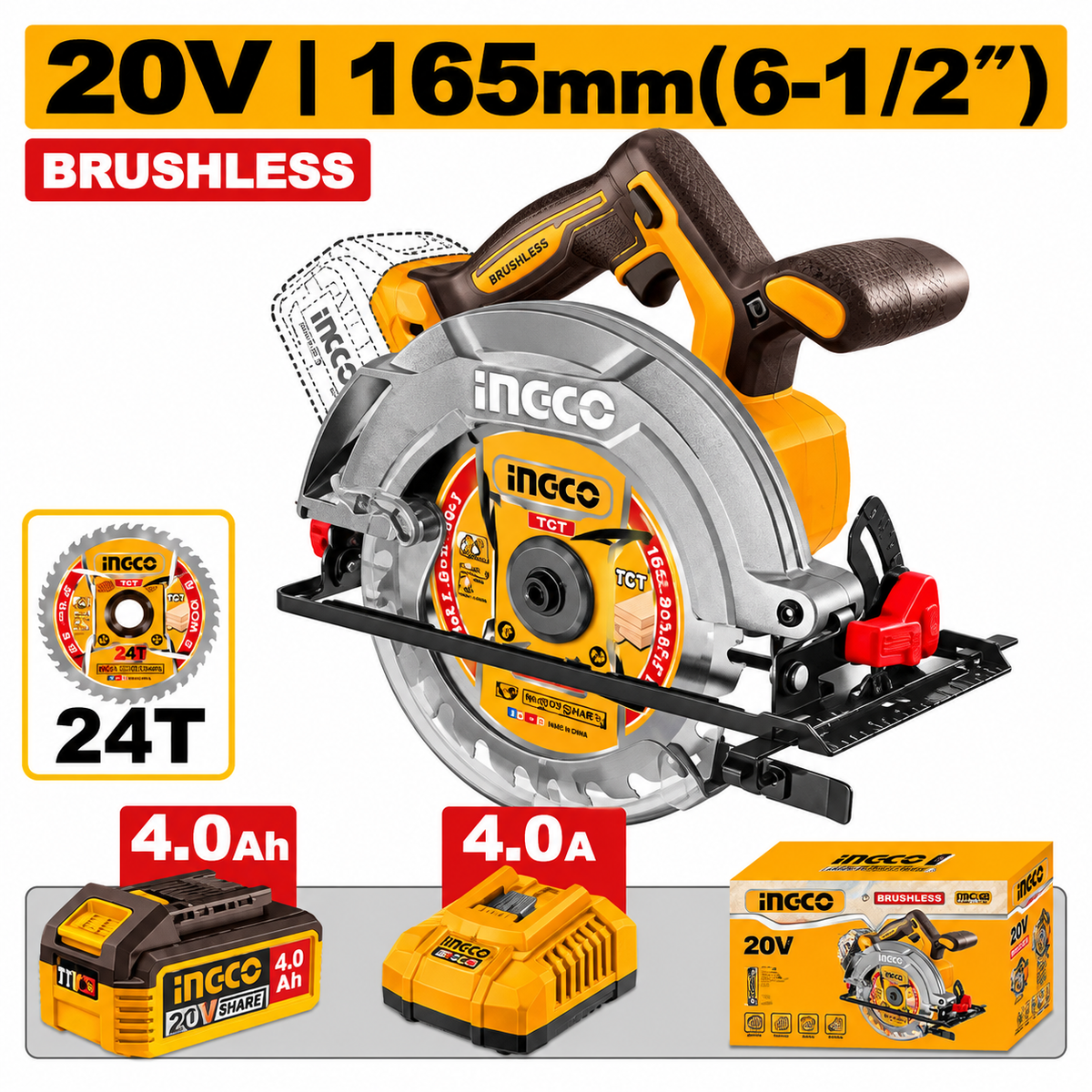 Ingco 20V Cordless Circular Saw Kit with 4.0Ah Battery & Charger | 140mm & 165mm