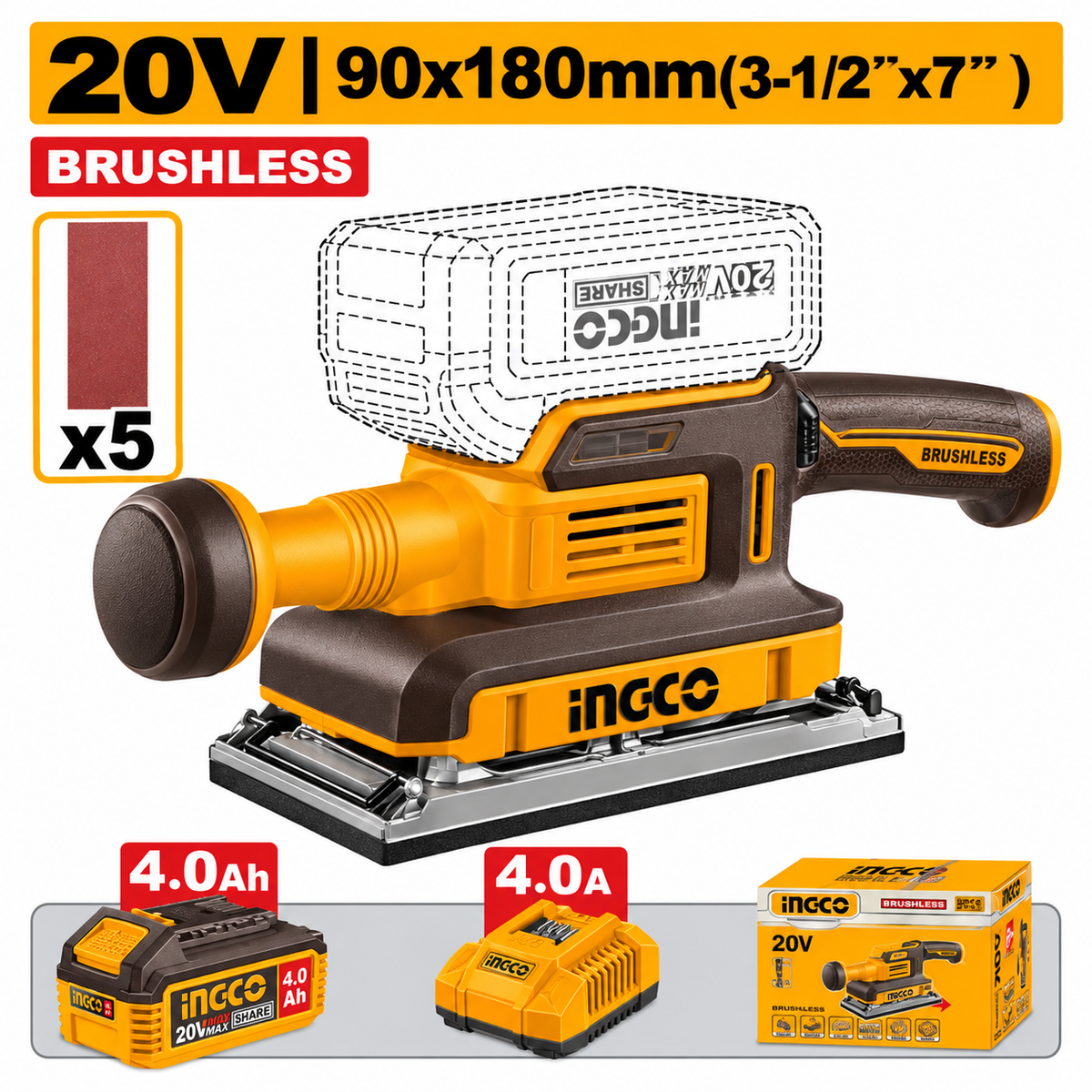 Ingco 20V Cordless Finishing Sander Kit with 4.0Ah Battery & Charger - CFSLI20313