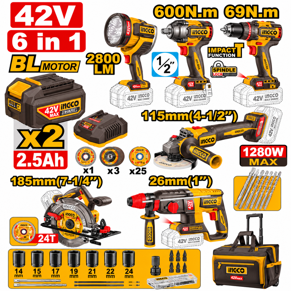 Ingco 42V 6-Piece Cordless Power Tool Combo Kit with 2 × 2.5Ah Batteries & Charger - COSLI260496