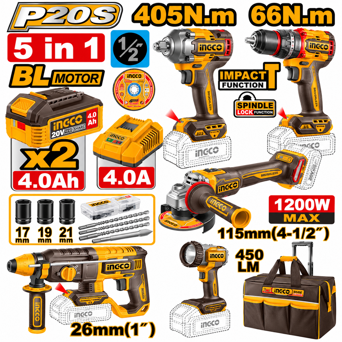 Ingco 20V 5-Piece Cordless Power Tool Combo Kit with 2 × 4.0Ah Batteries & Charger - CKLI20595