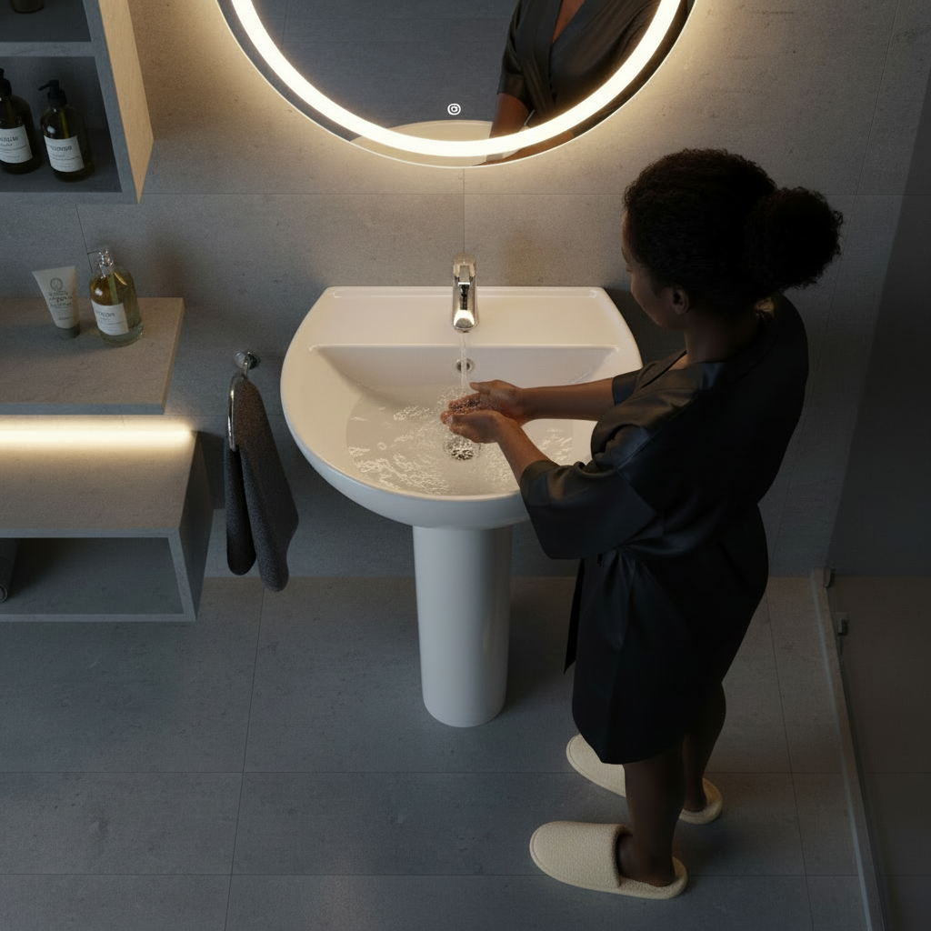 Wahkit Ceramic Pedestal Basin with Wide Shallow Bowl & Straight Pedestal 465mm - 4006