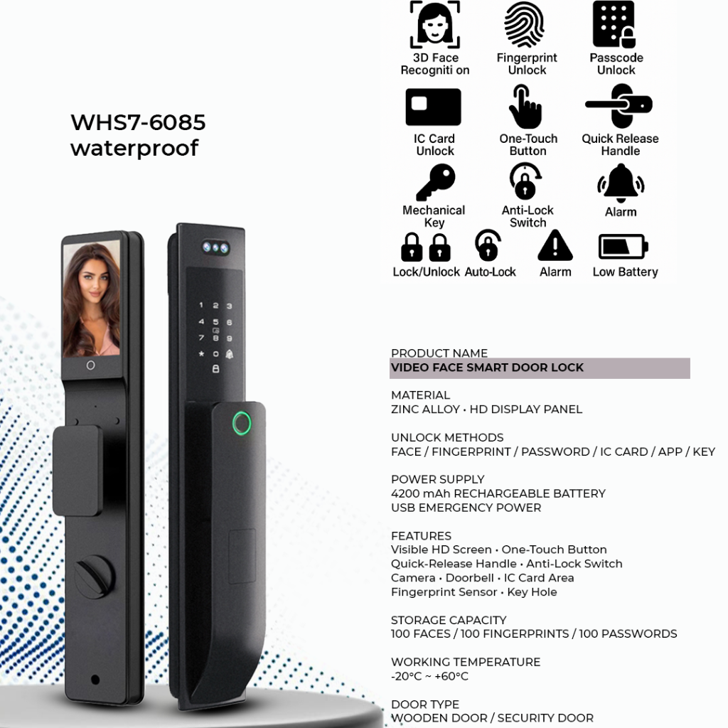 Westa IP66 Waterproof Full HD Screen Smart Door Lock with 3D Face Recognition, Fingerprint Unlock & Video Intercom for Turkish Doors - WHS7-6085