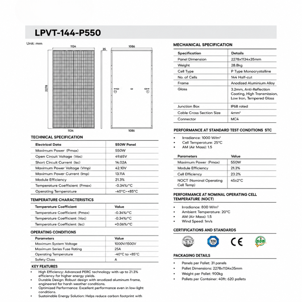 LPVT High Efficiency Monocrystalline Solar Panel 550W - LPVT-144-P550