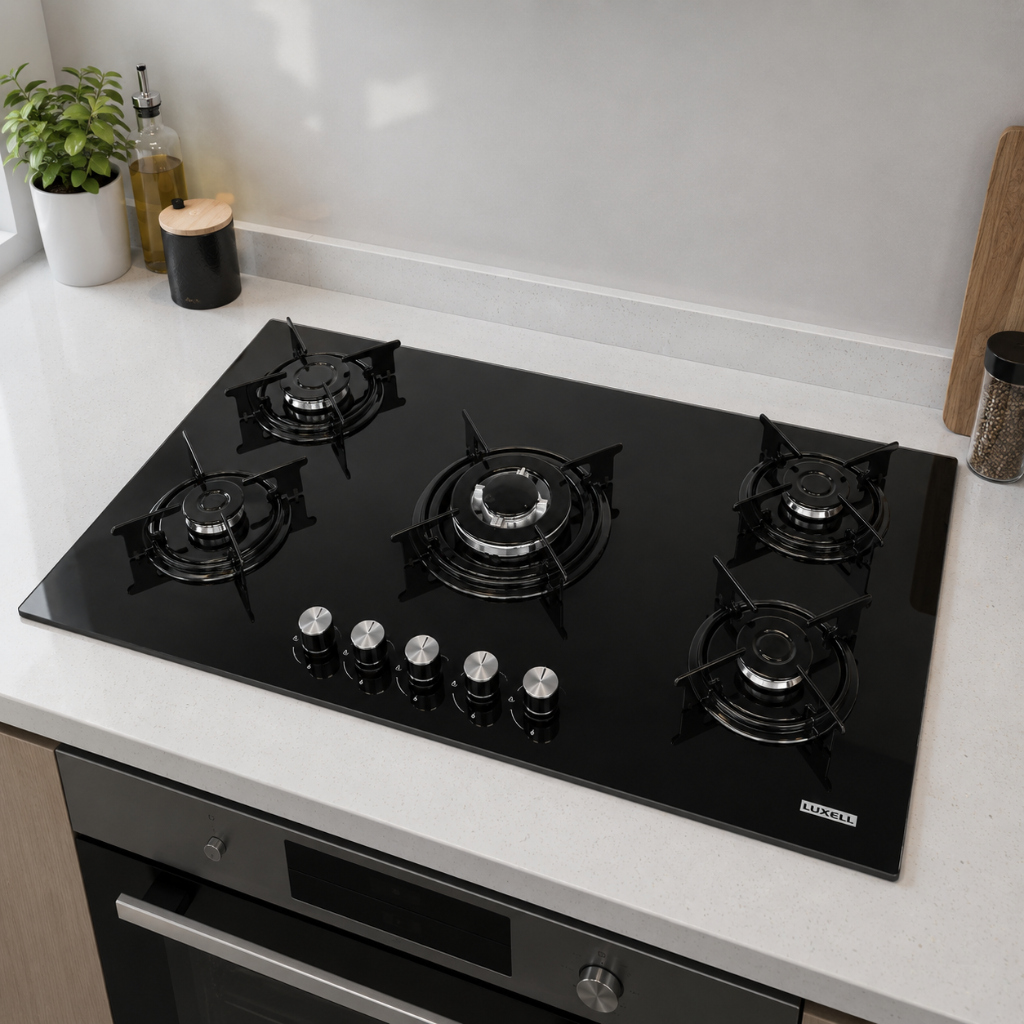 Luxell 90cm 5-Burner Black Glass Built-In Gas Hob with Auto Ignition - C9-50BTF