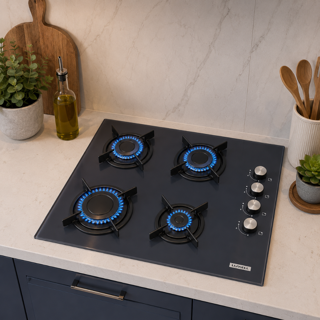 Luxell 60cm 4-Burner Built-In Glass Gas Hob with Gas Safety & Auto Ignition - C6-40BF