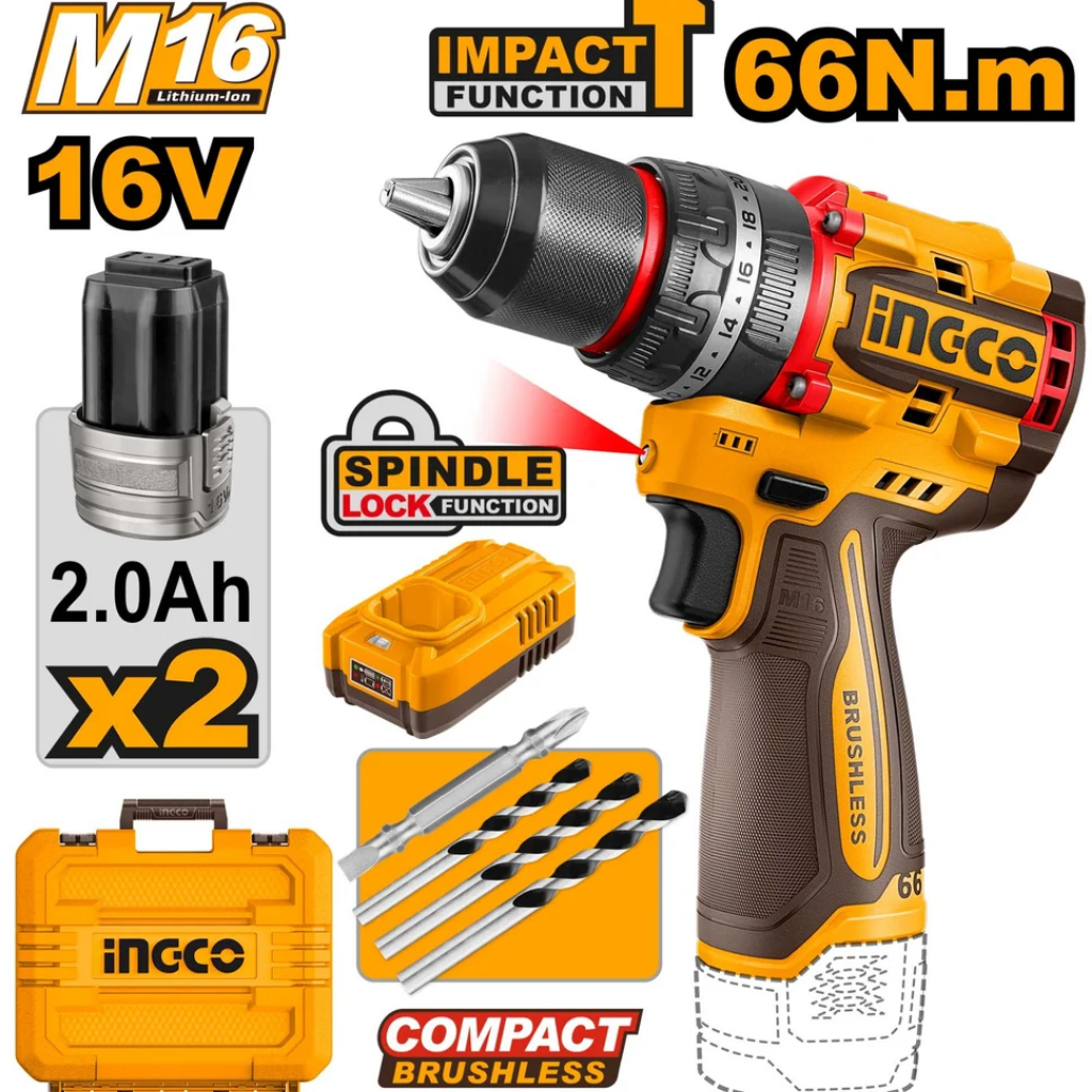 Ingco 16V Brushless Cordless Impact Drill 13mm with 2 x 2.0Ah Batteries & Charger - CIDLI166062