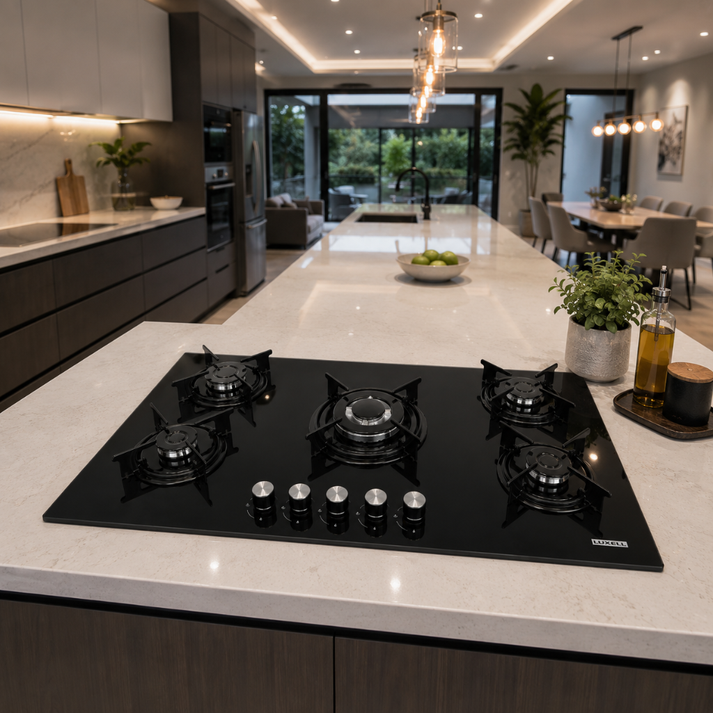 Luxell 90cm 5-Burner Black Glass Built-In Gas Hob with Auto Ignition - C9-50BTF