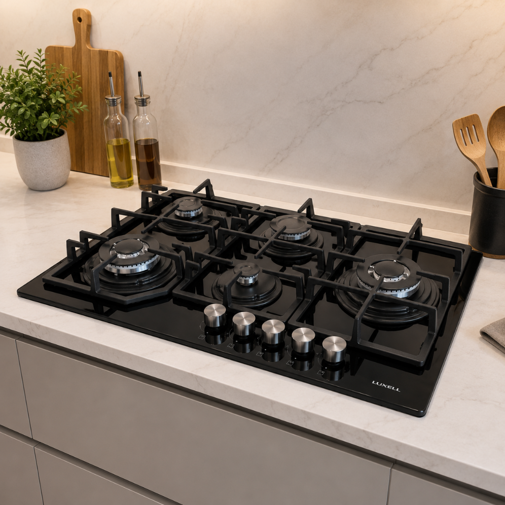 Luxell Hex 90cm 5-Burner Black Glass Gas Hob with Cast Iron Supports - C9-50WF