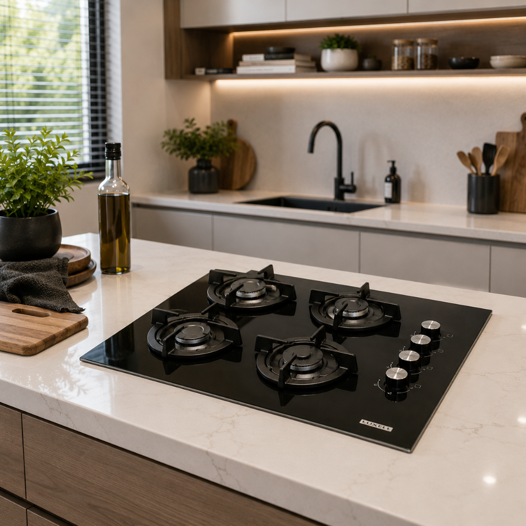 Luxell 60cm 4-Burner Built-In Glass Gas Hob with Gas Safety & Auto Ignition - C6-40BF