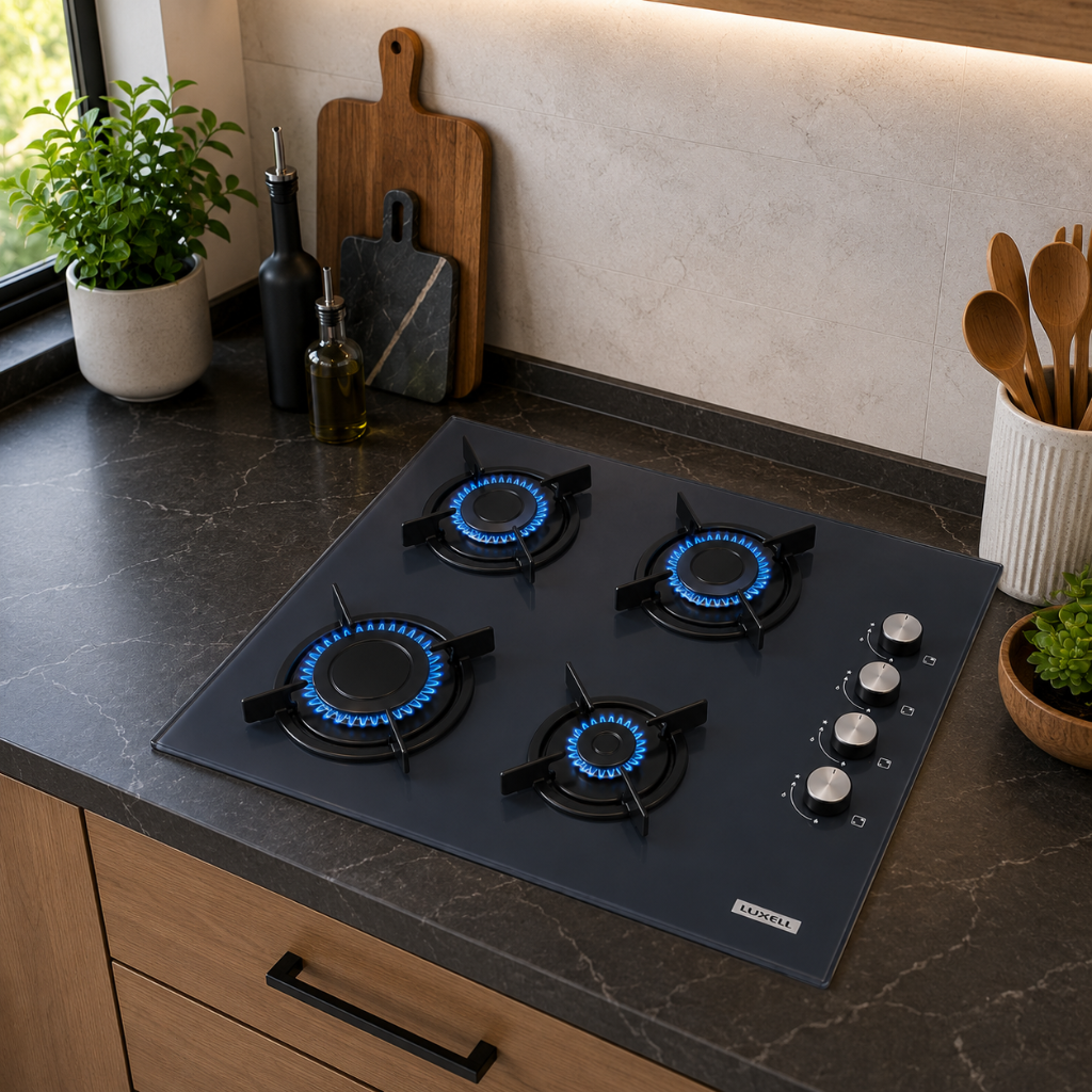 Luxell 60cm 4-Burner Built-In Glass Gas Hob with Gas Safety & Auto Ignition - C6-40BF