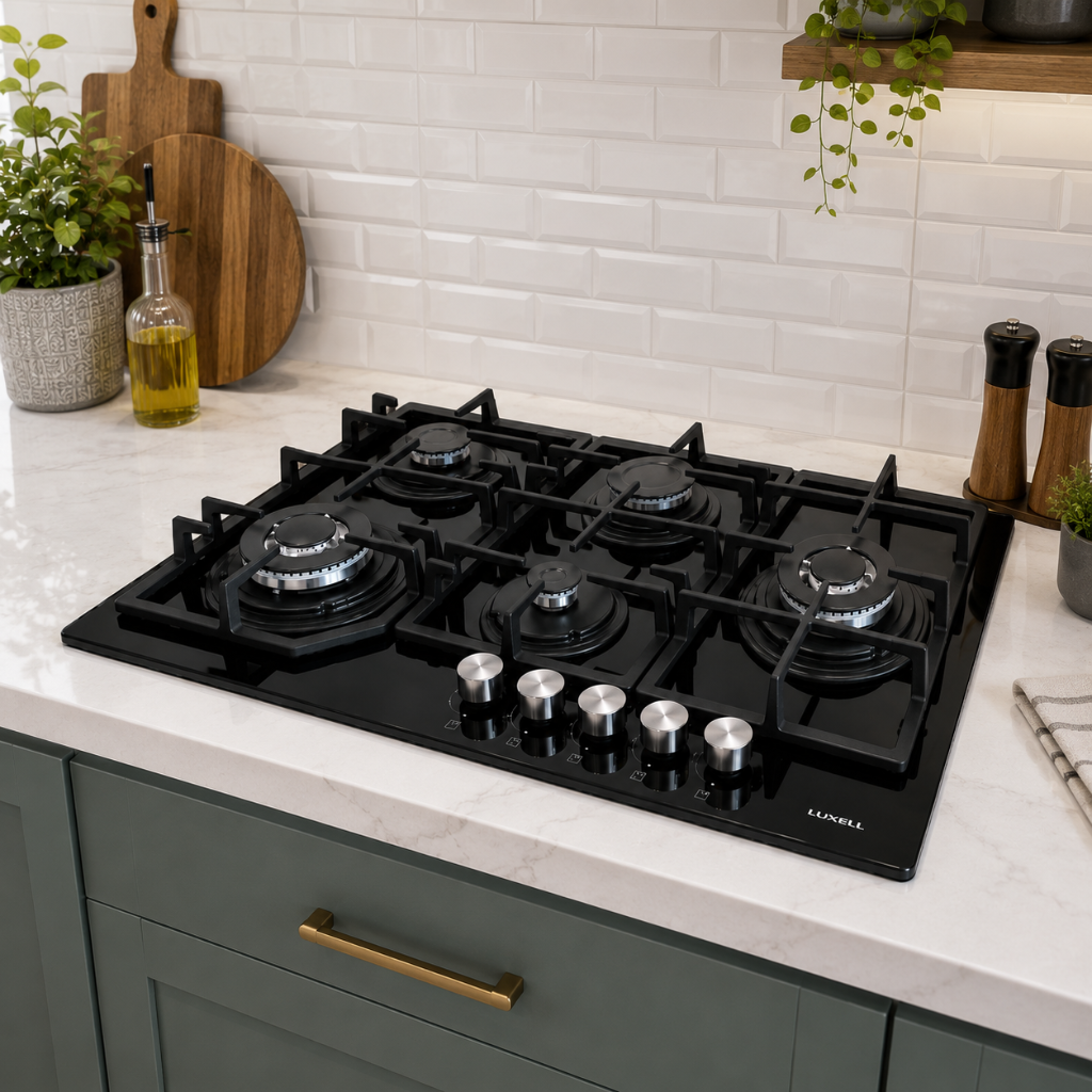 Luxell Hex 90cm 5-Burner Black Glass Gas Hob with Cast Iron Supports - C9-50WF