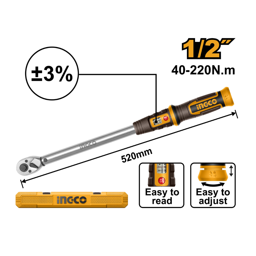 Ingco 1/2" Preset Torque Wrench 40-220Nm 520mm - HPTW1220N8