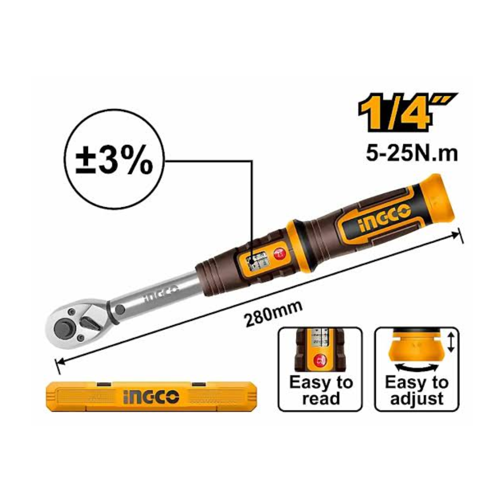 Ingco 1/4" Preset Torque Wrench 5-25Nm 280mm - HPTW1425N8