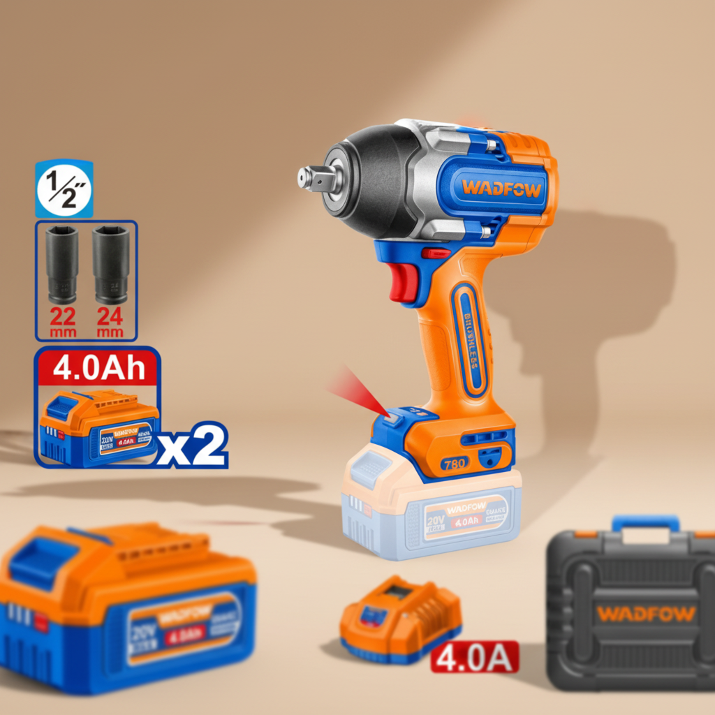 Wadfow 20V Brushless Cordless Impact Wrench 780Nm 1/2" Square Drive with 2 x 4.0Ah Batteries & Charger - WCD1B785