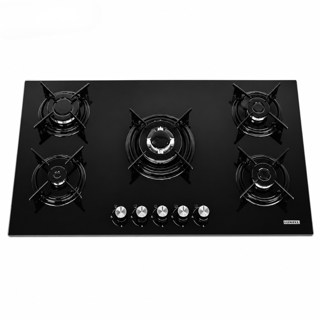 Luxell 90cm 5-Burner Black Glass Built-In Gas Hob with Auto Ignition - C9-50BTF
