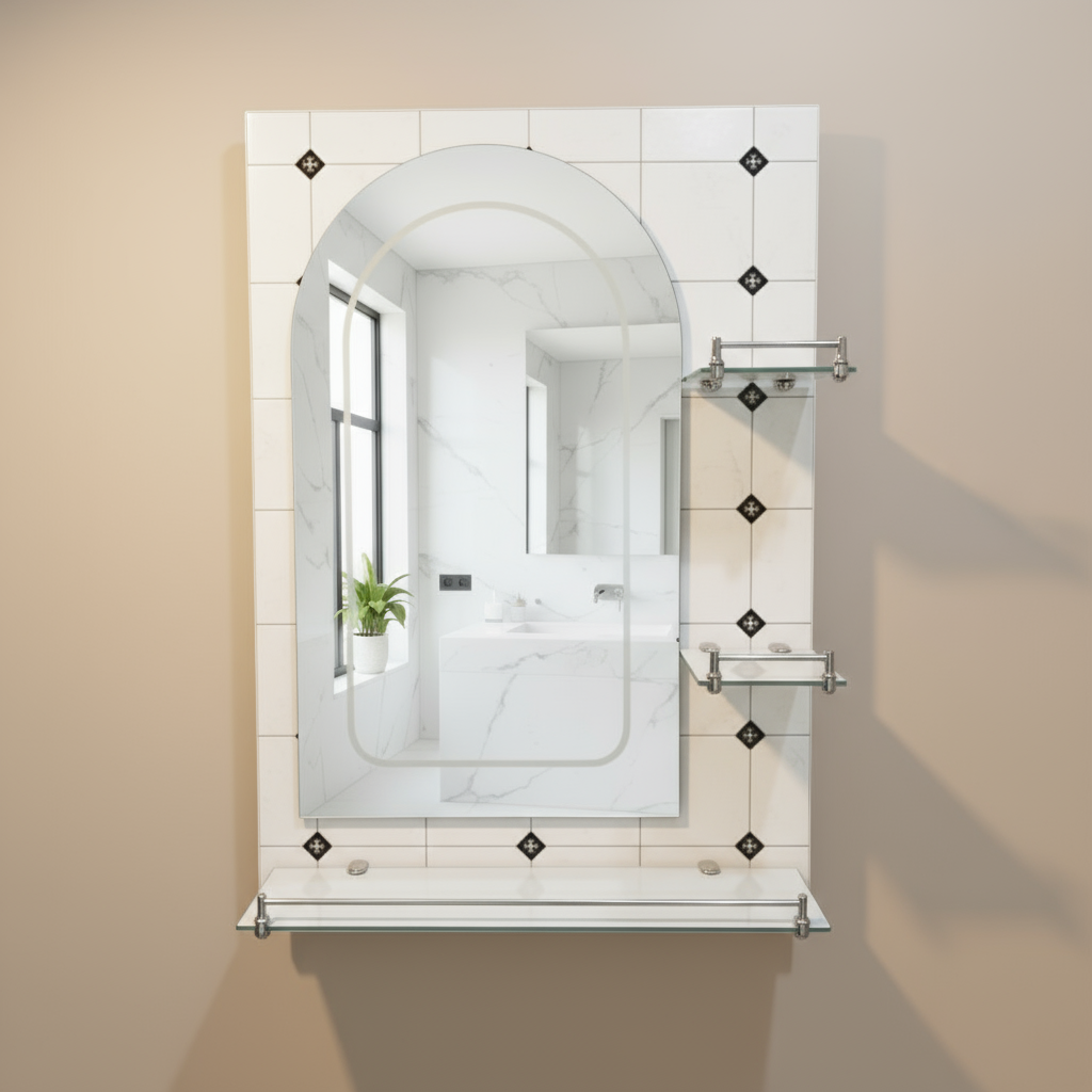 Heavy Curved Bathroom Mirror with Triple Glass Shelf 70x50cm