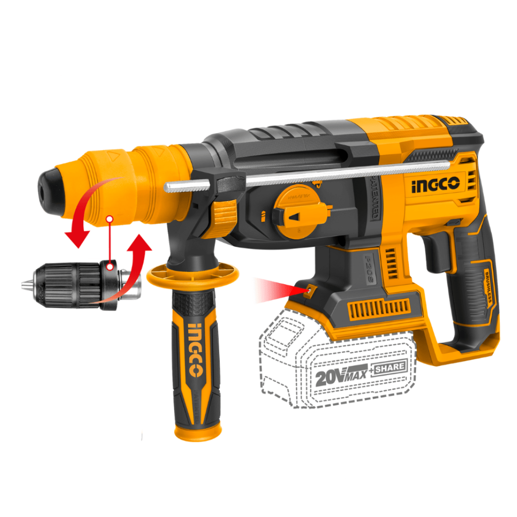 Ingco 20V Brushless Lithium-Ion Rotary Hammer with SDS Plus Chuck & Two 4.0Ah Batteries – CRHLI202289