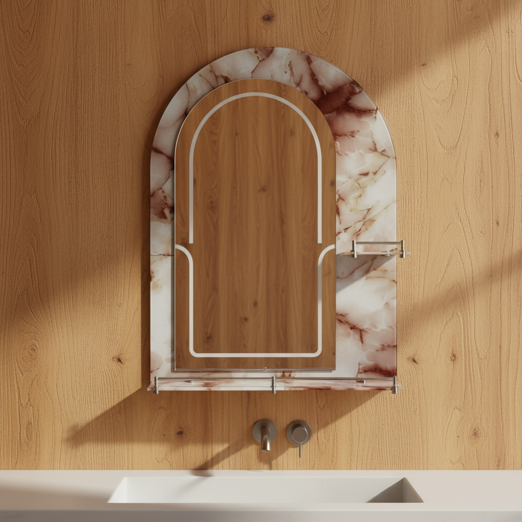 Semi Arc Bathroom Mirror with Double Shelves 70x50cm