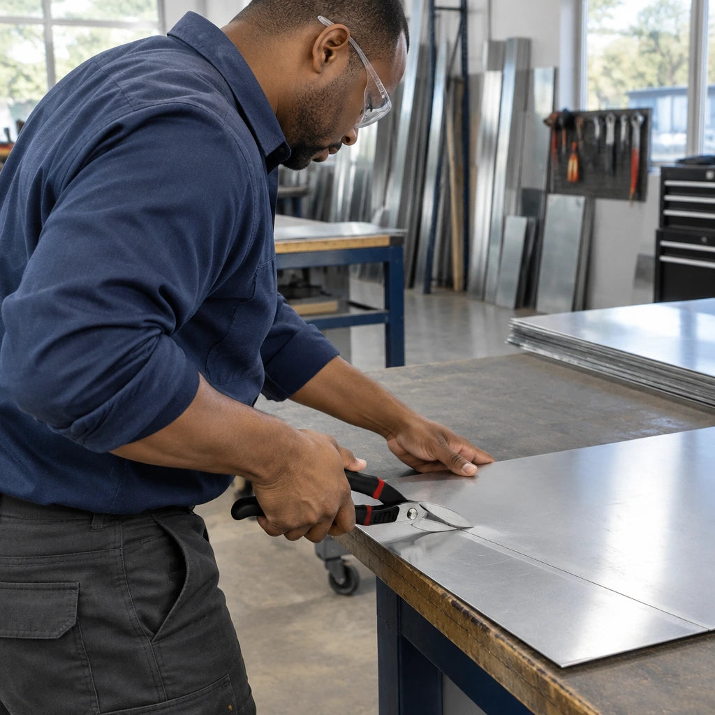 African American sheet-metal technician using Alpro hand snips to cut a straight line in aluminium flashing