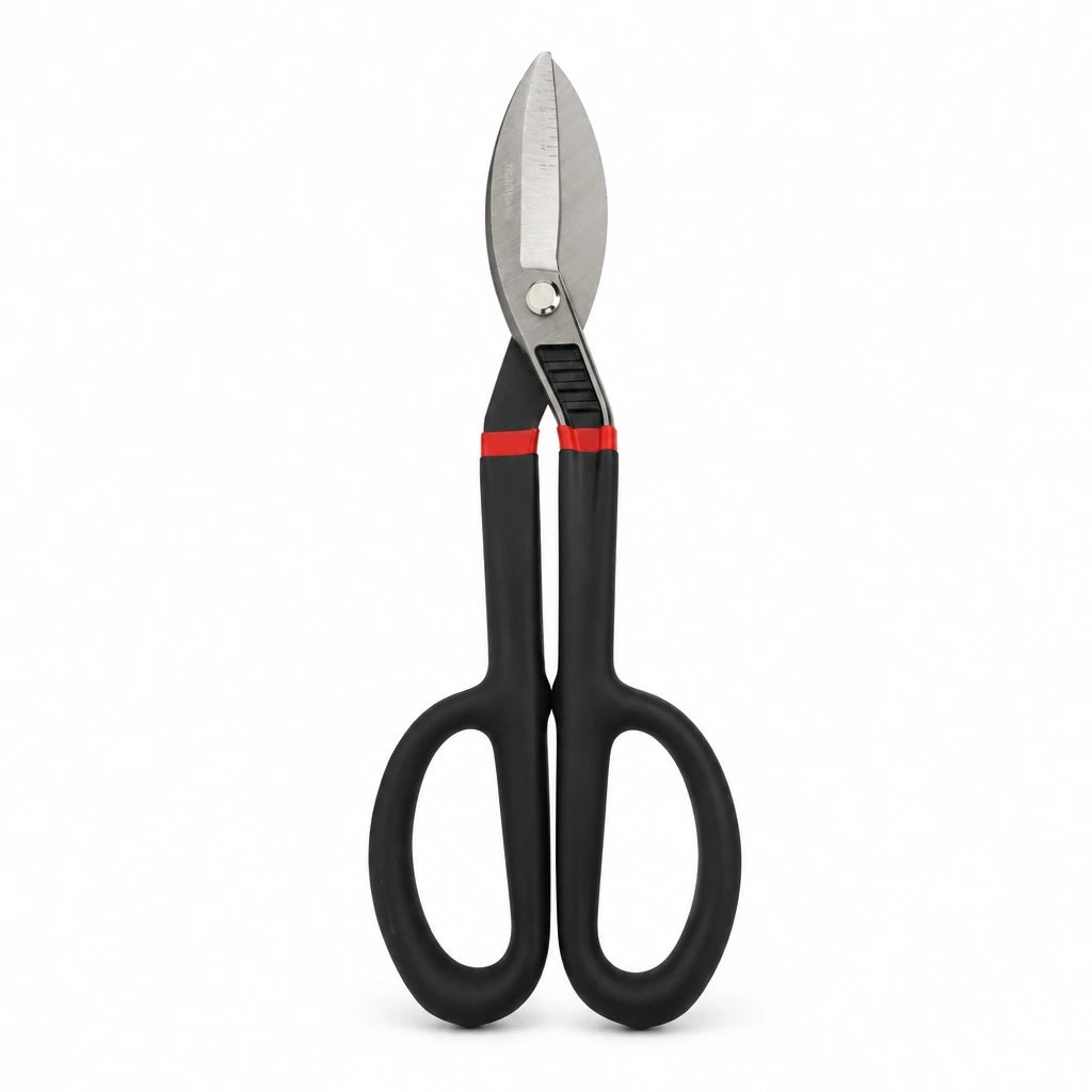 Alpro straight-pattern hand snip with silver blades and black red-accented handles on a white background