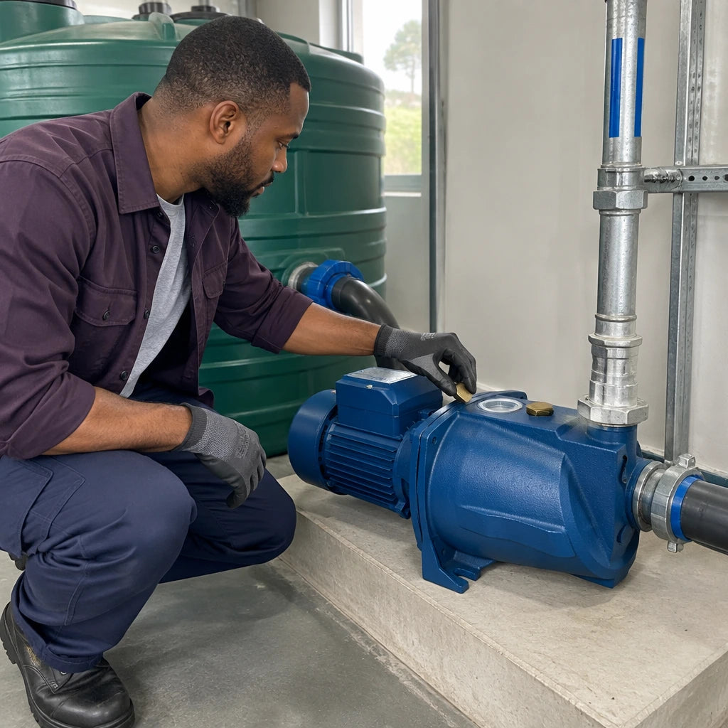 African American maintenance technician priming an Aqua 1HP self-priming jet pump in a clean plant room