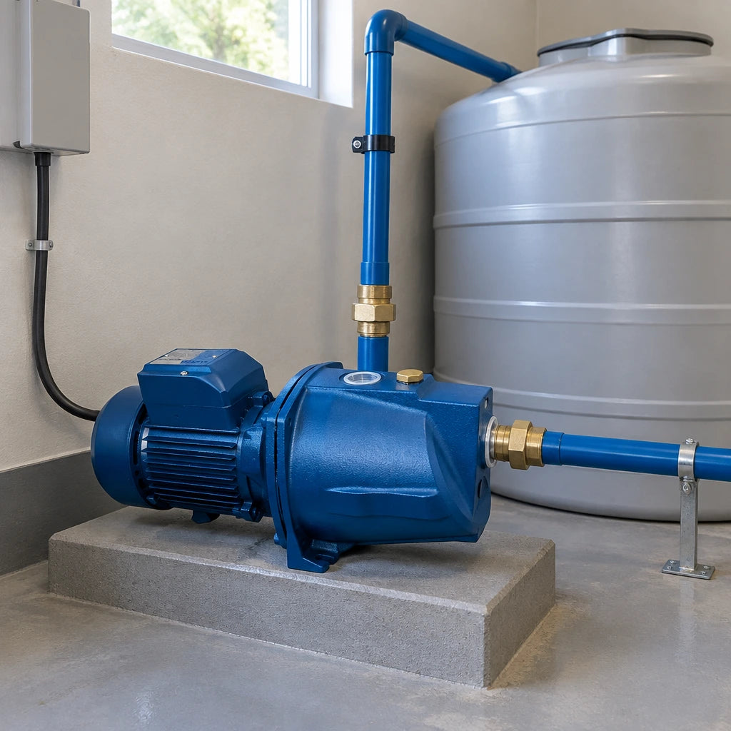 Aqua blue self-priming water pump resting beside a clean-water storage tank in a tidy utility plant room