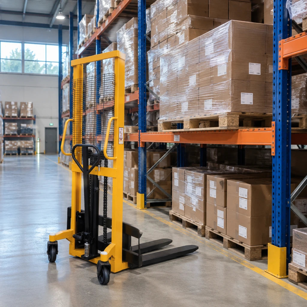 Pallet of cartons neatly stored in warehouse racking with an Atlas manual hydraulic stacker parked nearby